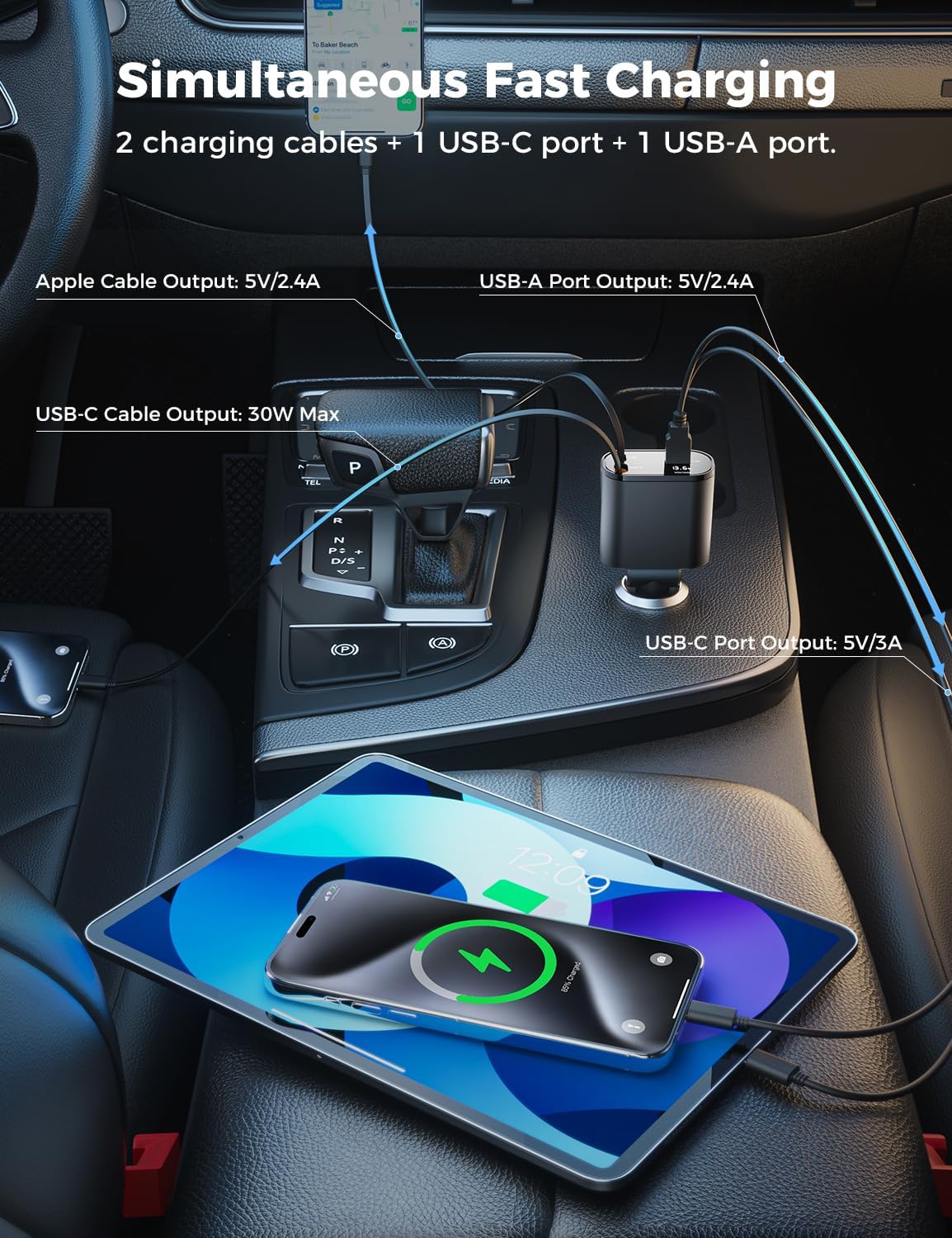 【Upgraded】 SUPERONE Retractable Car Charger 4 in 1, Fast Car Phone Charger with Cord 2.6ft, USB C and Apple Car Adapter, Compatible with iPhone 17 16 15/15 Pro Max/14/13/12/11, Galaxy, Pixel - Rayz Mart