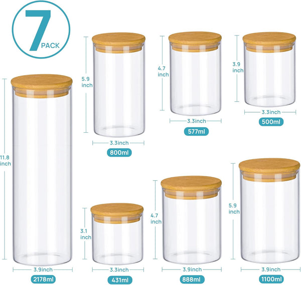 7-pack glass food storage jars with bamboo lids for kitchen organization