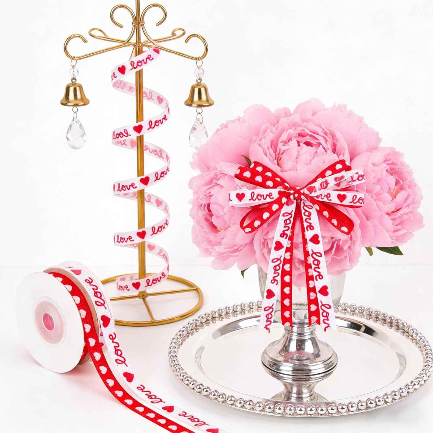 Valentines Day Ribbon, 2 Rolls 3/8 Inch Heart & Love Satin Ribbon for Gift Wrapping Crafts Bouquets Red Pink Total 20 Yard for Valentines Home Decor Wedding DIY Projects