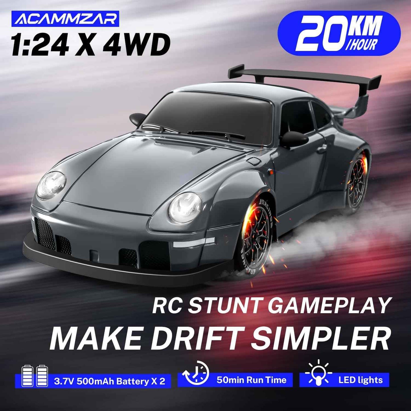 ACAMMZAR RC Drift Car, 1:24 Remote Control Car for Kids, 20KM/H 4WD High Speed RC Cars with LED Lights, Two Batteries, Extra Drifting Tires, Vehicle for Adults Boys Girls