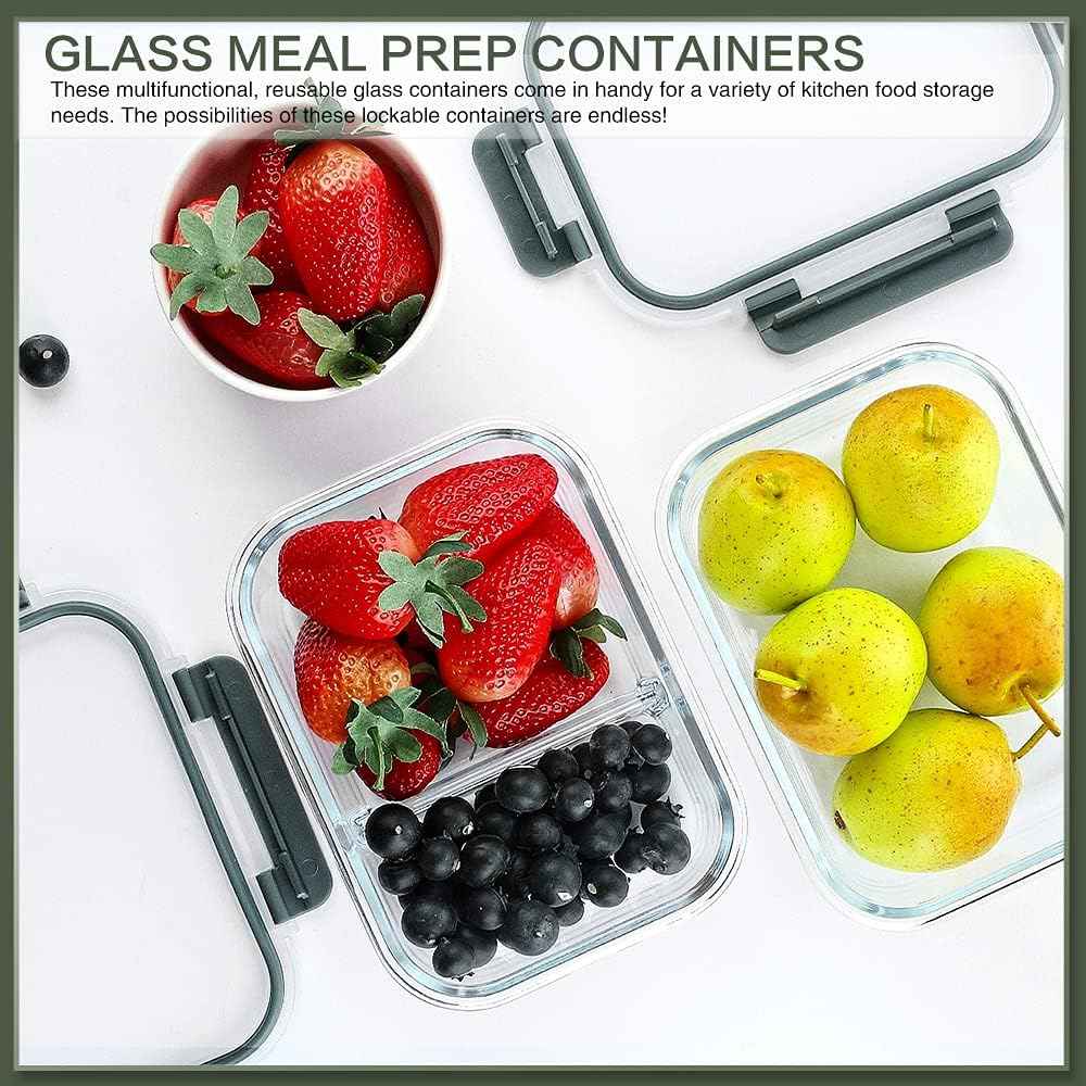KOMUEE 10 Packs 30 oz Glass Meal Prep Containers,Glass Food Storage Containers with Lids,Airtight Lunch Bento Boxes,Microwave,Freezer and Dishwasher,Gray