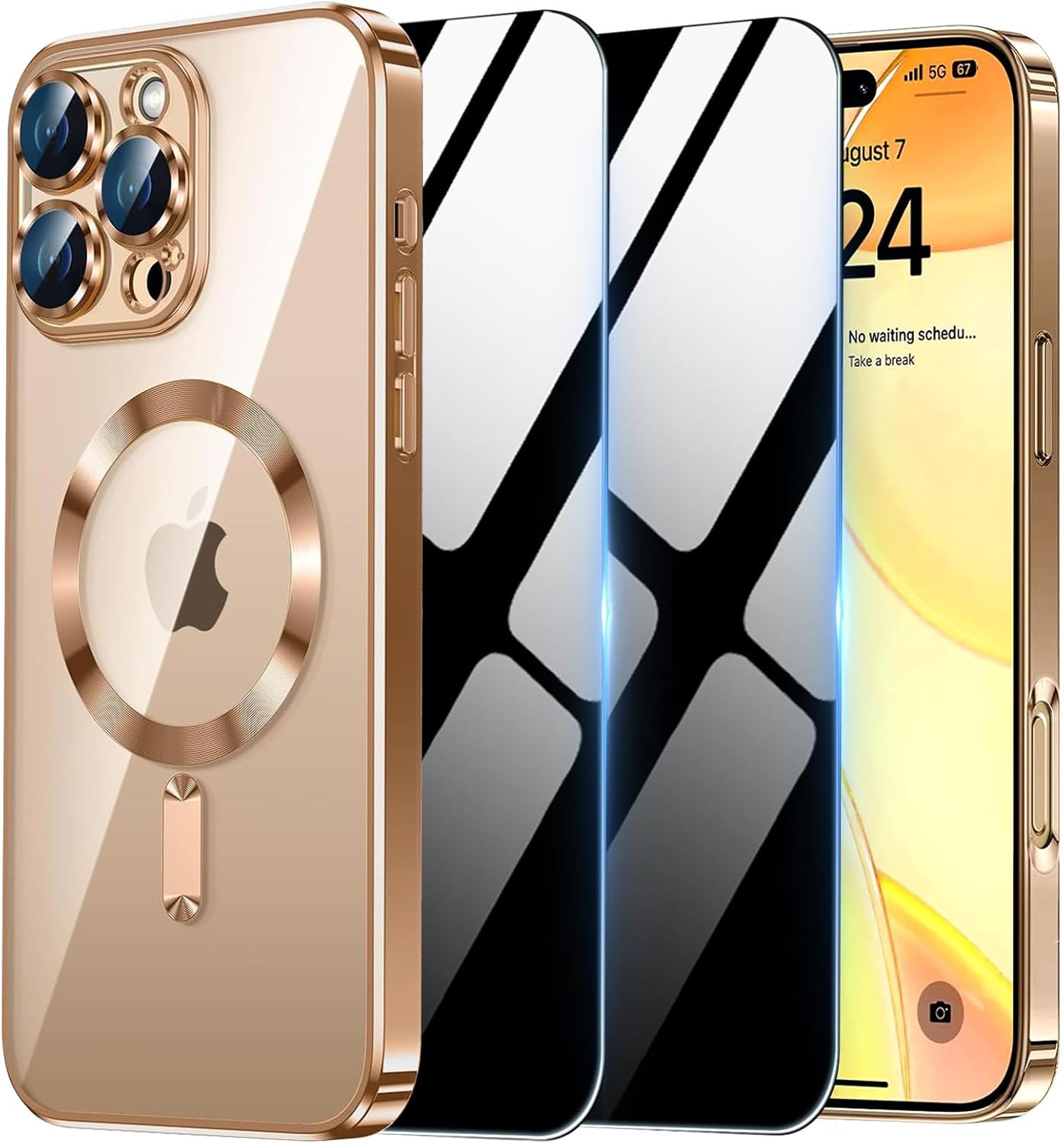 Magnetic Case for iPhone 16 Pro Max with 2 Privacy Screen Protector & Camera Cover [Compatible with MagSafe],Non-Yellowing Plating Glossy Shockproof Phone Case for iPhone 16 ProMax,Gold