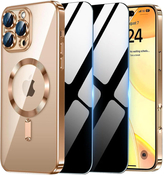 Magnetic Case for iPhone 16 Pro Max with 2 Privacy Screen Protector & Camera Cover [Compatible with MagSafe],Non-Yellowing Plating Glossy Shockproof Phone Case for iPhone 16 ProMax,Gold