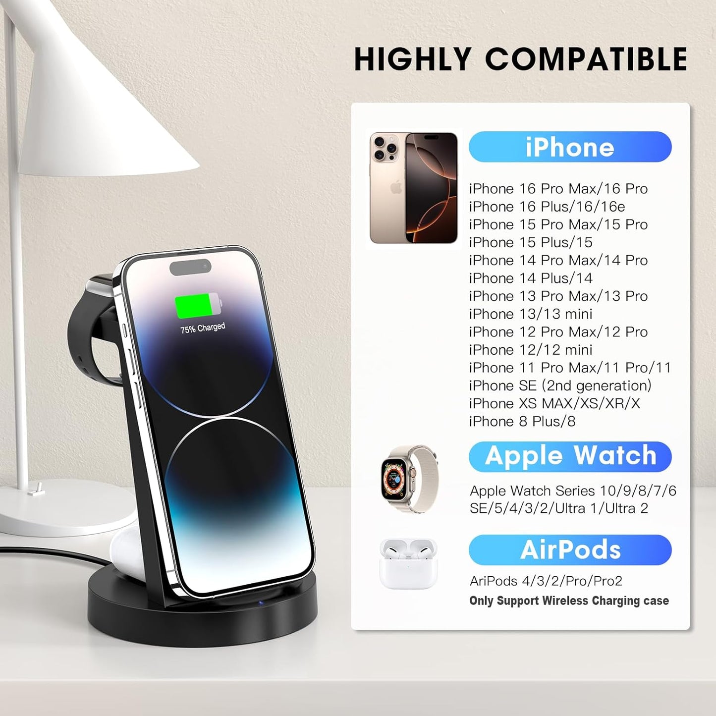 3 in 1 Charging Station for iPhone, Wireless Charger for iPhone 17 16e 16 15 14 13 12 11 X Pro Max & Apple Watch - Wireless Charging Station for AirPods 4 3 Pro - Rayz Mart