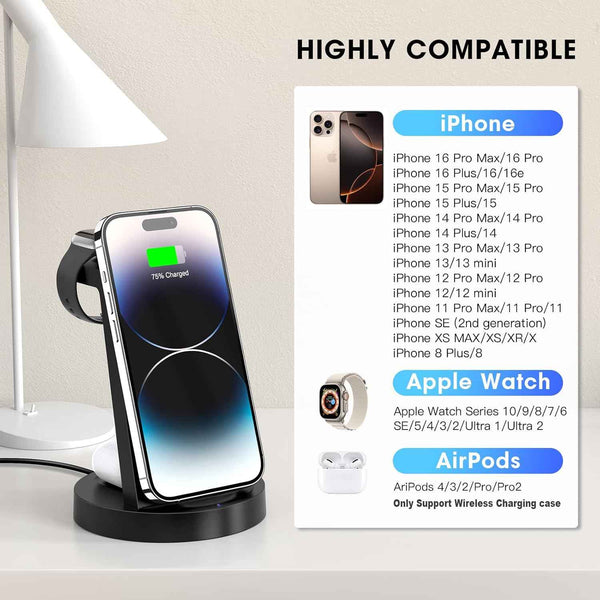 3-in-1 wireless charging station for iPhone, AirPods, and Apple Watch compatibility
