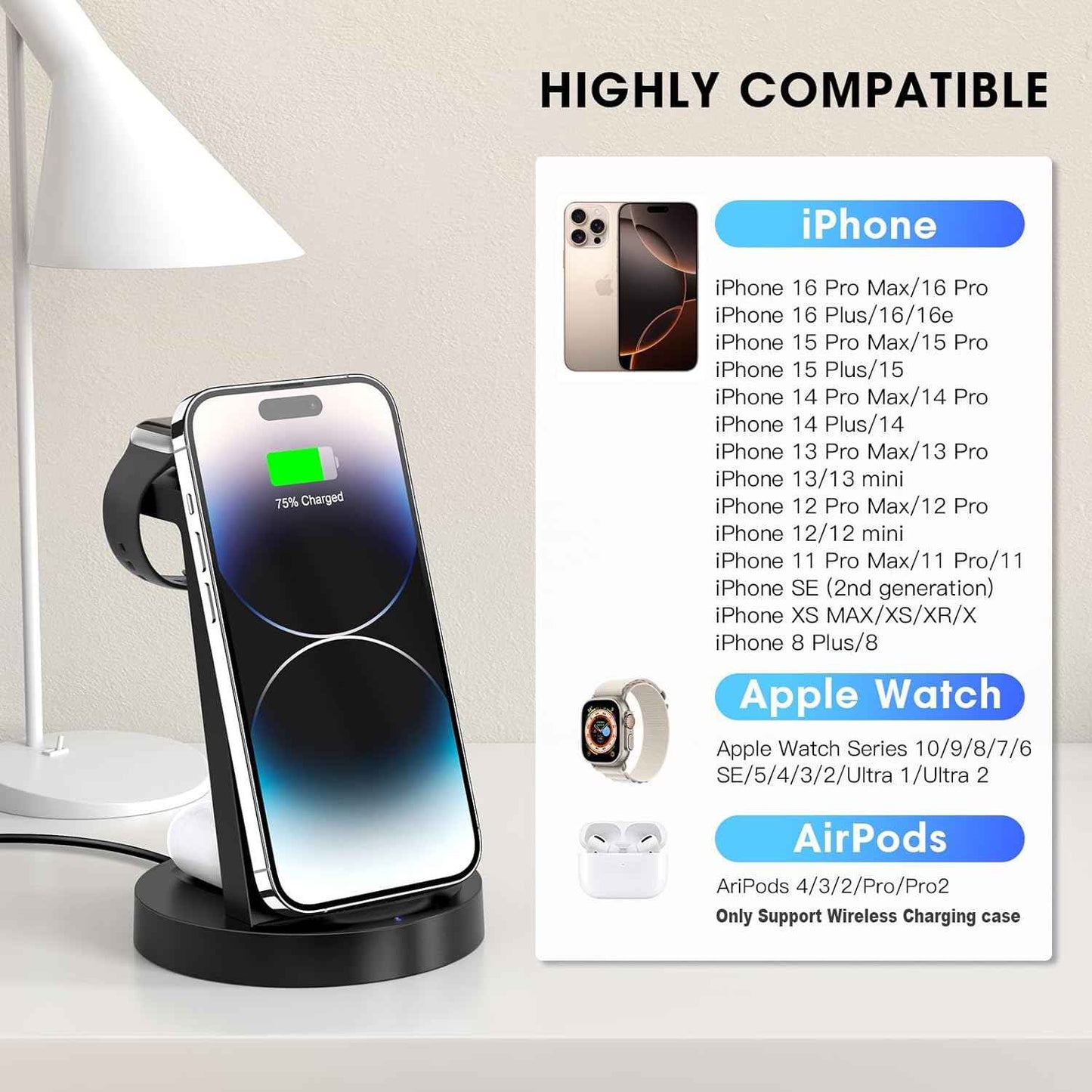 3 in 1 Charging Station for iPhone, Wireless Charger for iPhone 17 16e 16 15 14 13 12 11 X Pro Max & Apple Watch - Wireless Charging Station for AirPods 4 3 Pro