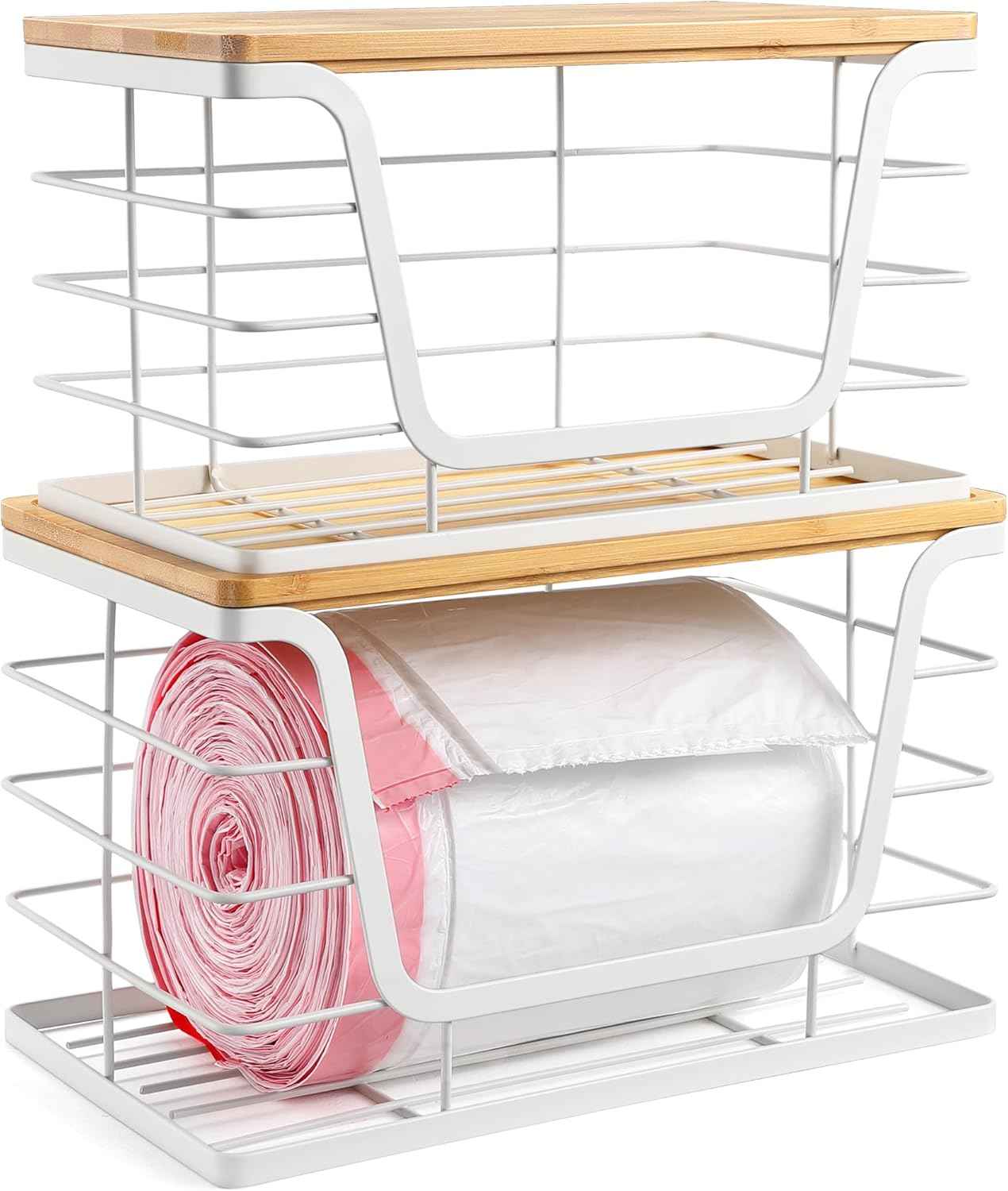 ALOCEO 2 Pack Storage Stackable Kitchen Laundry Organizers with Bamboo Top, Large Trash Bag Holder and Small Garbage Bag Dispenser for Countertop Organization