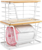 ALOCEO 2 Pack Storage Stackable Kitchen Laundry Organizers with Bamboo Top, Large Trash Bag Holder and Small Garbage Bag Dispenser for Countertop Organization