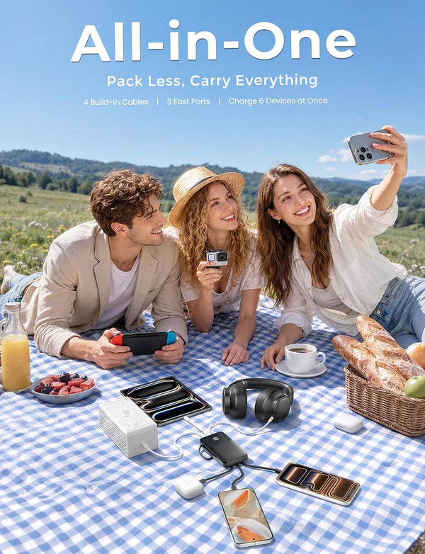 Power Bank, 15000mAh Portable Charger with Built in Cable, 22.5W Fast Charging, 6 Outputs, Slim Travel Essential Battery Pack with LED Display, Compatible with iPhone 17/16/15/14/13, iPad Black