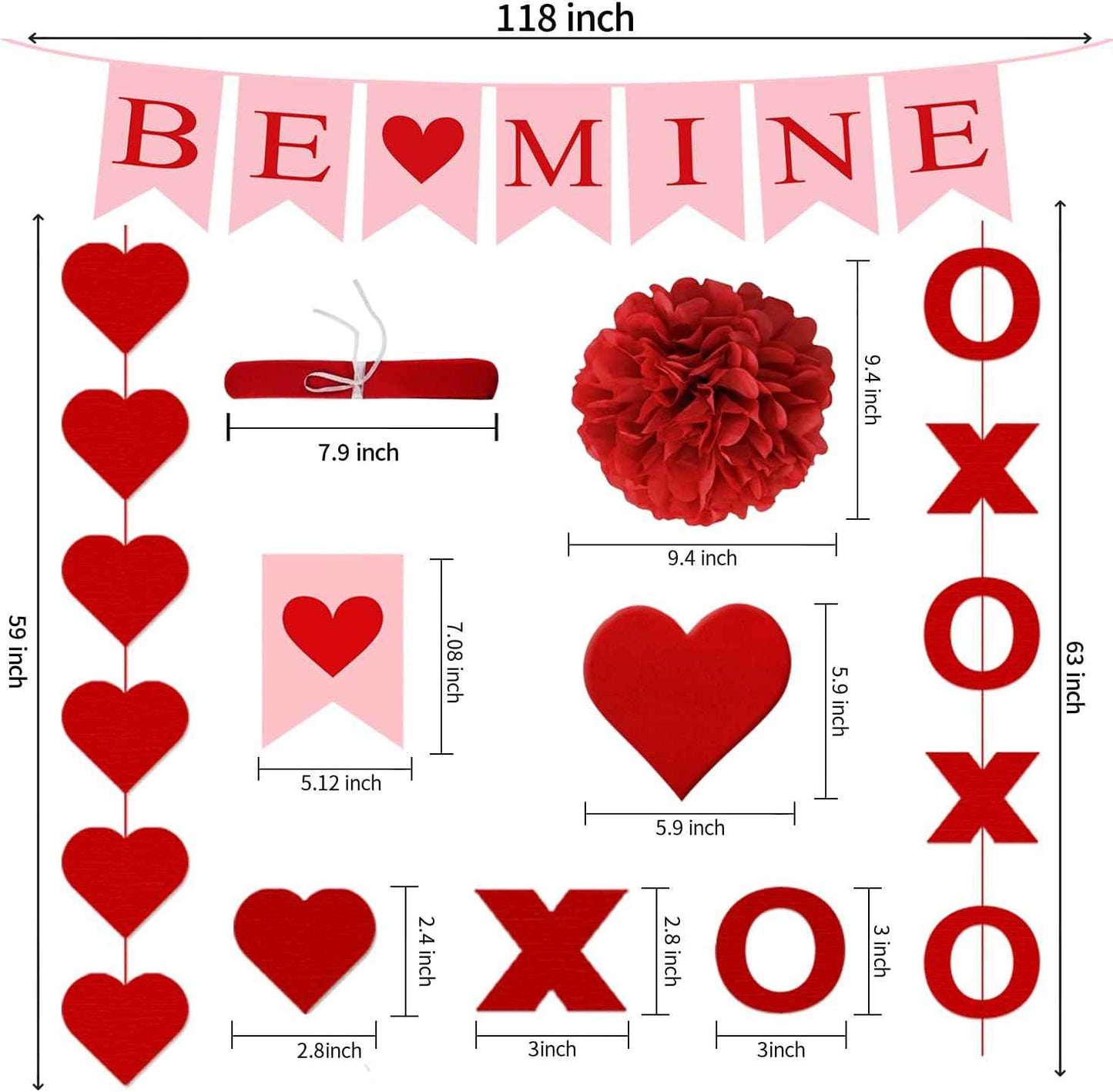 21Pcs Valentines Day Decorations Valentines Day Decor Pre-Assembled Hanging Heart Swirls BE Mine Love Heart XO Garlands Banner for Home Classroom Office Wedding Party