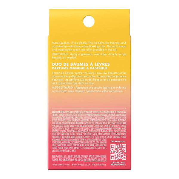 e.l.f. Squeeze Me More Lip Balm Duo, 2-Count, Mango and Watermelon, Vegan, Cruelty-Free, Hyaluronic Acid