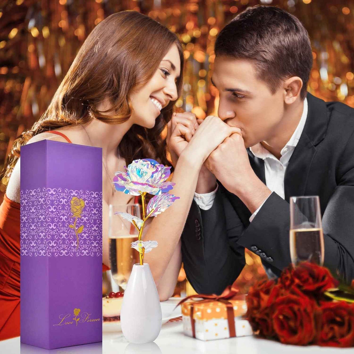 Tmacker Valentines Galentines Day Gifts for Her Mom Wife Girlfriend Artificial Rose Flowers with Vase Mothers Day Birthday Gifts for Women Grandma Sister Anniversary Thanksgiving Wedding Christmas