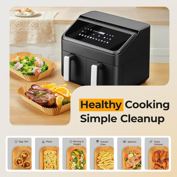 Vailnd Rectangle Air Fryer Paper Liners 200Pcs for Ninja DZ201&DZ550 | Bella Slim 4QT&6QT | Cosori | Instant Dual‑basket Air Fryer, Simple Cleanup, Greasy Proof, Disposable Airfryer Sheets 8.6x5.5In