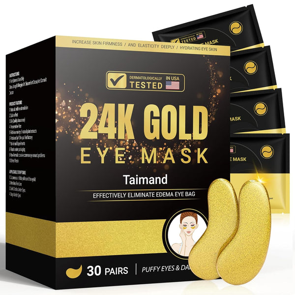 24K Gold Under Eye Patches (30 Pairs) for Puffy Eyes, Dark Circles, Wrinkles and Skin Revitalisation