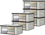 HomeHacks Storage 3-Pack Clothes Organizer Storage Bags Foldable Storage Box with Large Clear Window Sturdy Handles for Closet, Dorm, Pillows, Bedding, Clothes, Blankets, 35L, Gray