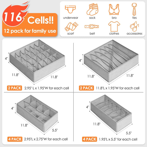 12 pack fabric drawer organizer with 116 cells for storage and closet organization
