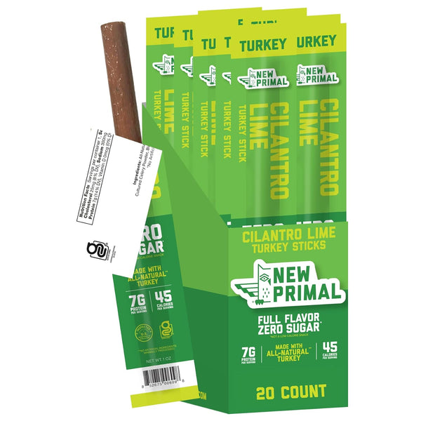 New Primal Lightly Peppered Turkey Sticks, 20 Count, 7g Protein, Keto, Gluten Free, Low Carb