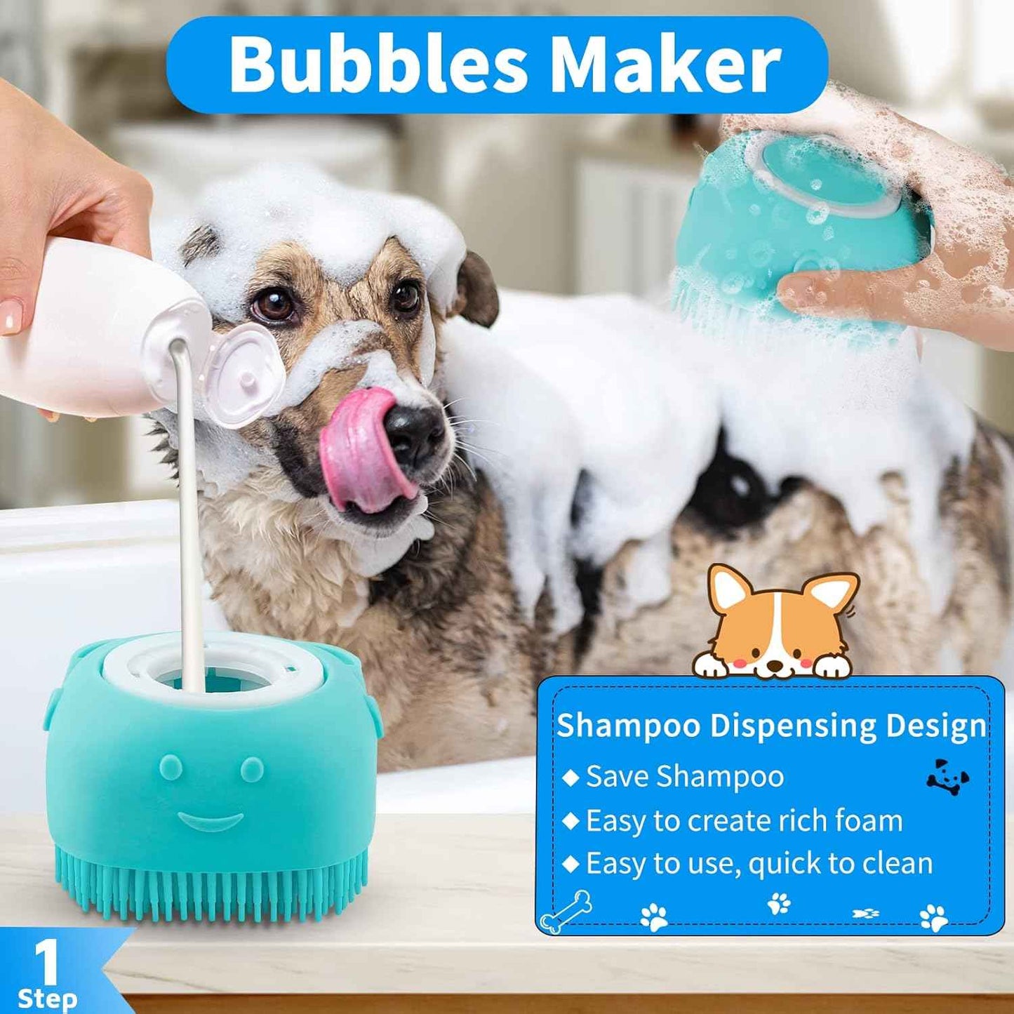 Comotech 6PCS Dog Bath Brush & Dog Toothbrush | Adjustable Handle Shampoo Brush & Scrubber for Short & Long Haired Dogs & Cats | Effectively Solve Odor & Stain Removal Problems | Pet Supplies (Blue)