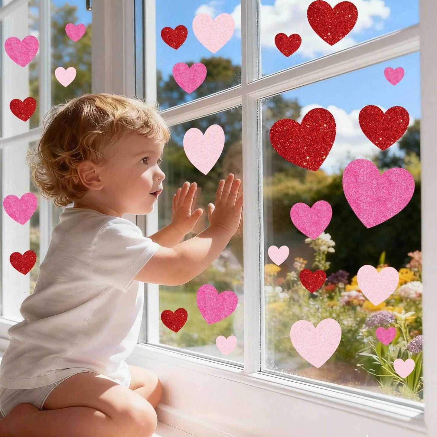 9 Sheets Valentines Day Window Clings Decoration, Glitter Heart Stickers Decor for Galentine's Day, Red Pink Decals for Home, Office, Classroom, Glass Doors