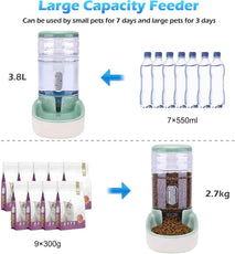 Automatic Dog Cat Feeder and Water Dispenser Gravity Food Feeder and Waterer Set with Pet Food Bowl for Small Medium Dog Puppy Kitten, Large Capacity 1 Gallon x 2