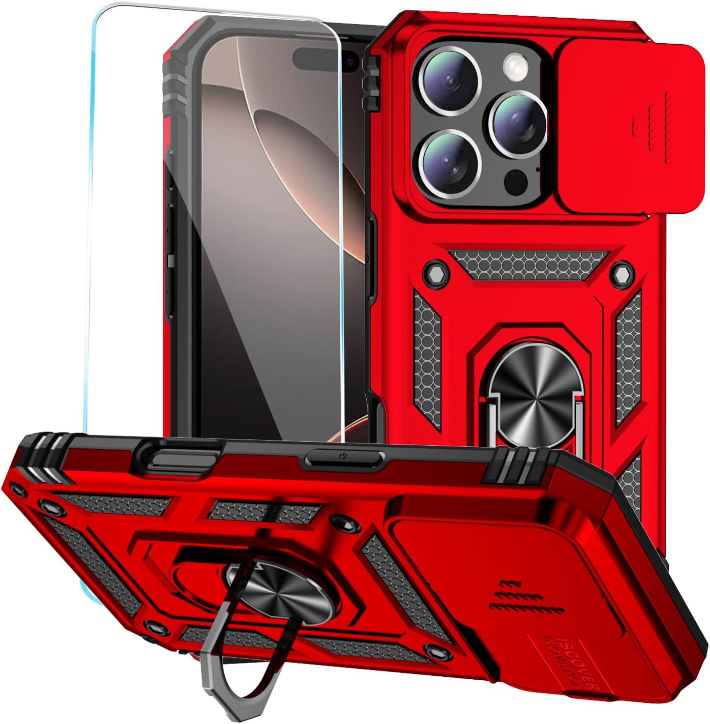 SunStory Phone Case for iPhone 16 6.1" with HD Screen Protector | Slide Camera Cover | Rotated Ring Kickstand | Military-Grade Protection | Red