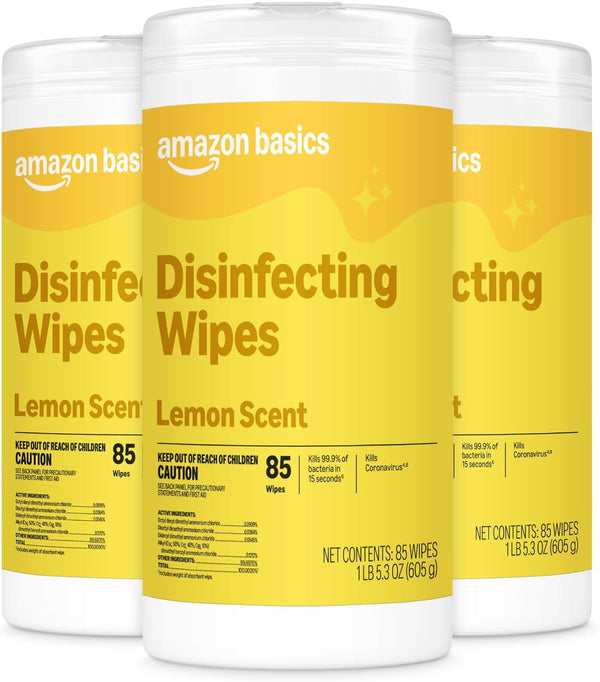 Amazon Basics Disinfecting Wipes, Lemon & Fresh Scent, Sanitizes, Cleans, Disinfects, Deodorizes, 340 Count (4 Packs of 85), Packaging May Vary