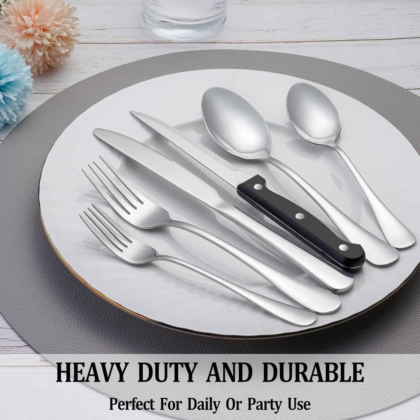 MUTNITT Silverware Set with Steak Knives Service for 4,Stainless Steel Flatware, Mirror Polished Cutlery Utensil Set for Home Kitchen Eating Tableware, Include Fork Knife Spoon, Dishwasher Safe