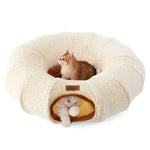 cat tunnel bed for small and large indoor cats with cushy donut toy and peekaboo pet cave, beige