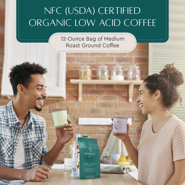 Lifeboost Coffee Ground Medium Roast - Low Acid, USDA Organic, Non-GMO, Third Party Tested