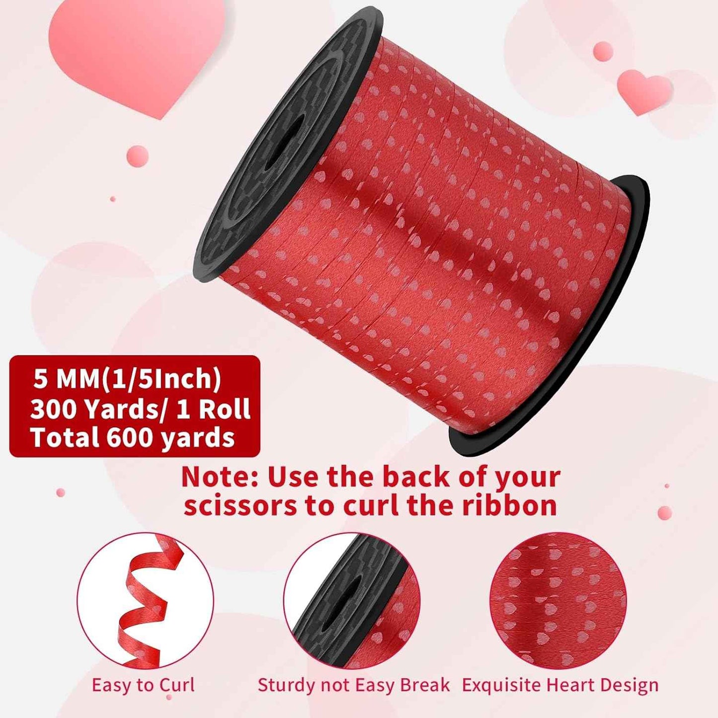 600 Yards Valentine Ribbon 1/5 Inch Heart Curling Ribbon 2 Rolls 300 Yard Per Roll White Red Balloon String Ribbons for Gift Wrapping Birthday Party Valentine's Day Decorations