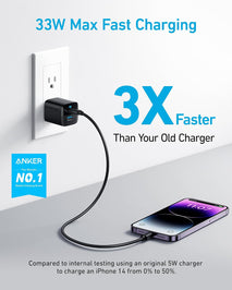 Anker USB Charger Block, 33W 2 Port Compact Type C Charger with Foldable Plug for iPhone 17/16 Series, Galaxy, and More (Cable Not Included, Black)