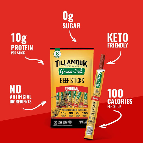 Tillamook Country Smoker 100% Grass Fed Beef Sticks, 8 Pack, 1.15 Ounce, Non-GMO, Gluten Free, High Protein Snack
