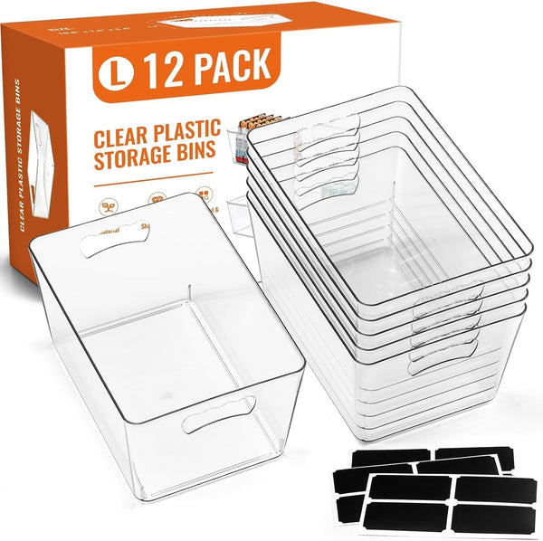 12 pack large clear storage bins with handles and labels for home organization