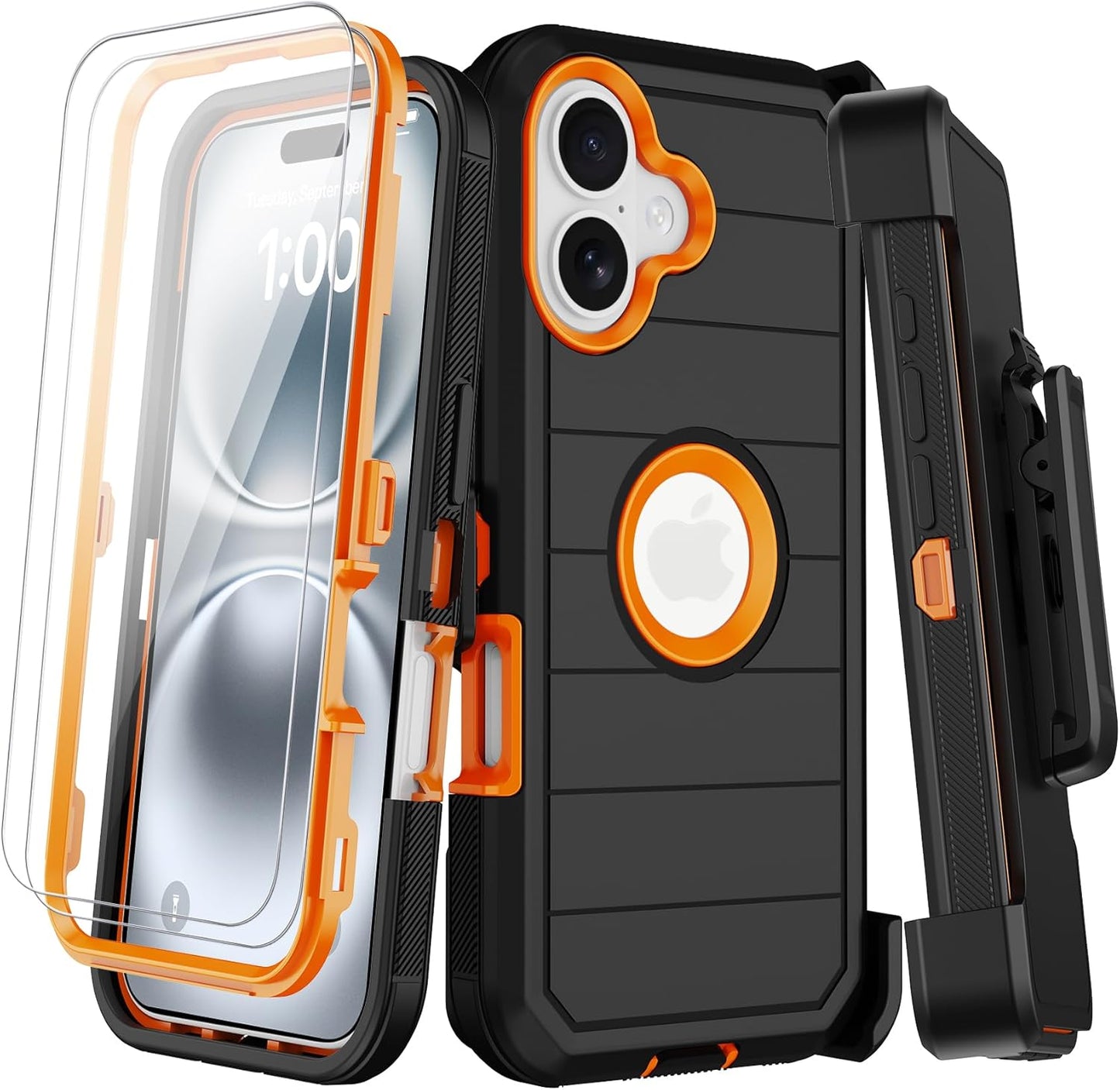 for iPhone 16 Case with 2 Screen Protectors,Heavy Duty Shockproof Drop Protection Military Grade Tri-Layer Rugged Cell Phone Cover with Built-in Invisible Kickstand 6.1“ (Black)