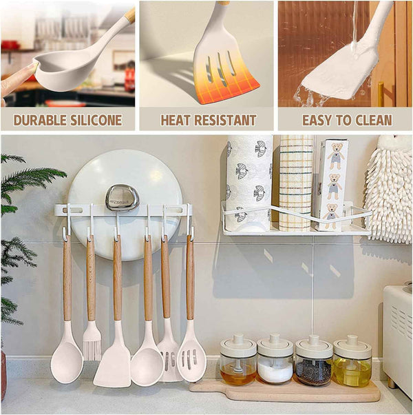 Umite Chef 33 Pcs Non-Stick Silicone Cooking Utensils Set with Holder, Wooden Handle, Silicone Kitchen Gadgets Utensil Set