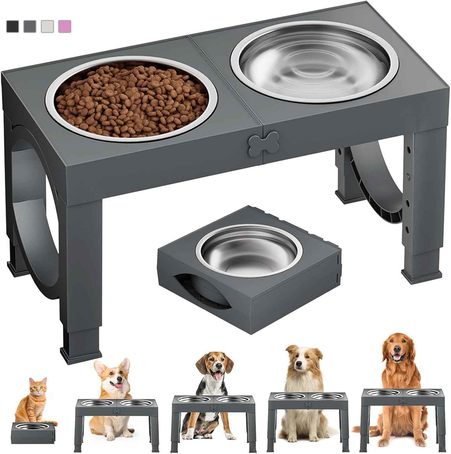 XIAZ Elevated Dog Bowls Large Breed Raised Dogs Bowl Stand Large/Medium Sized Dog 1L Food Water Bowl Stands 5 Heights Adjustable 9/11/12/14in Black Pet Feeder Dish Station