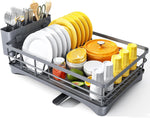 Large capacity dish drying rack for kitchen counter with utensil holder and efficient drainage