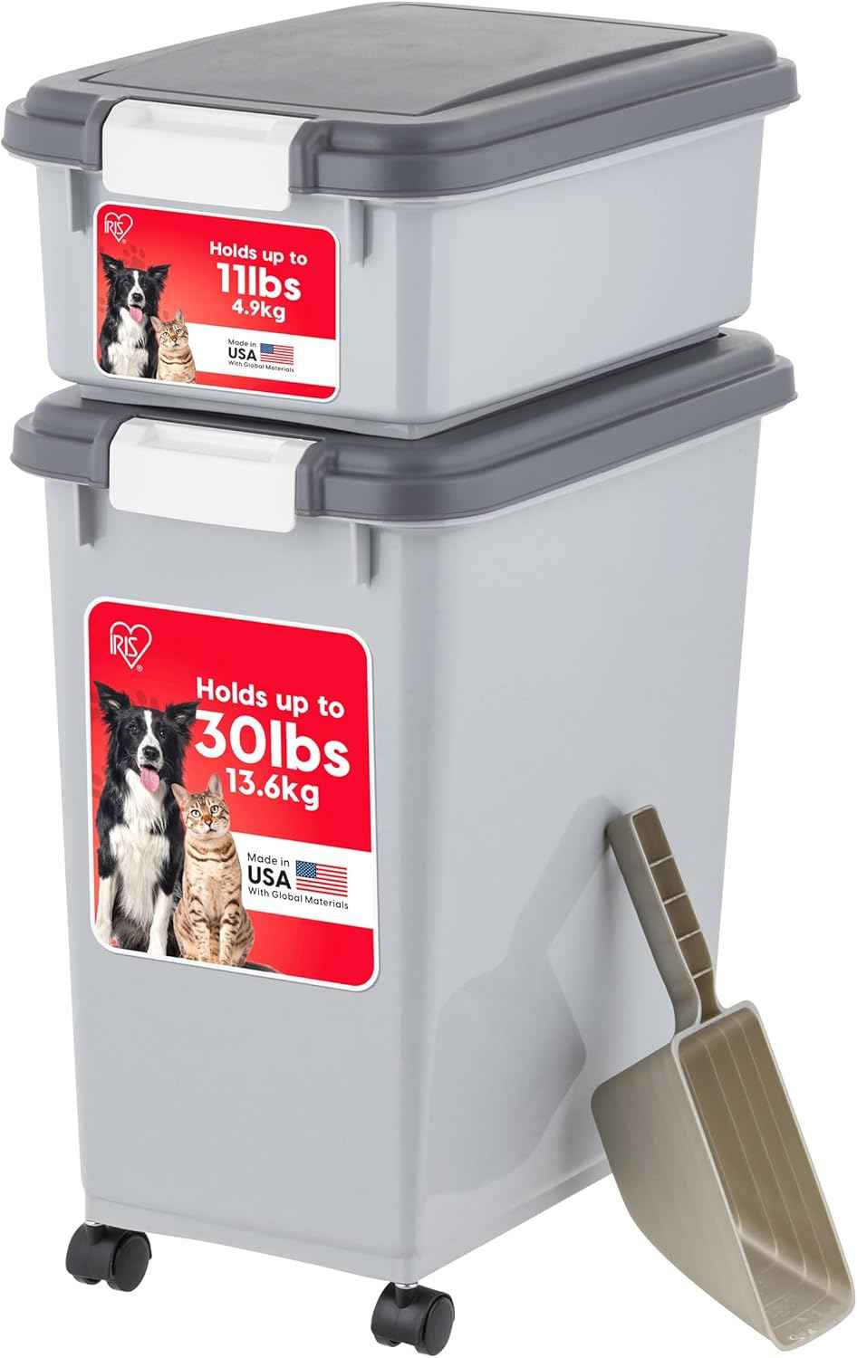 IRIS USA Dog Food Storage Container, 30 lbs & 11 lbs Combo, Cat Food Storage Container, Dog Treat Container, Airtight, Stackable, 2-Cup Scoop, Wheels, Easy Mobility, Black