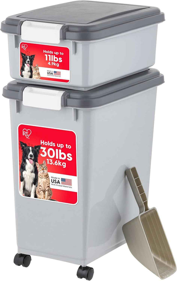 IRIS USA Dog Food Storage Container, 30 lbs & 11 lbs Combo, Cat Food Storage Container, Dog Treat Container, Airtight, Stackable, 2-Cup Scoop, Wheels, Easy Mobility, Black