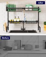 Adjustable over sink dish drying rack with large capacity and multifunctional baskets