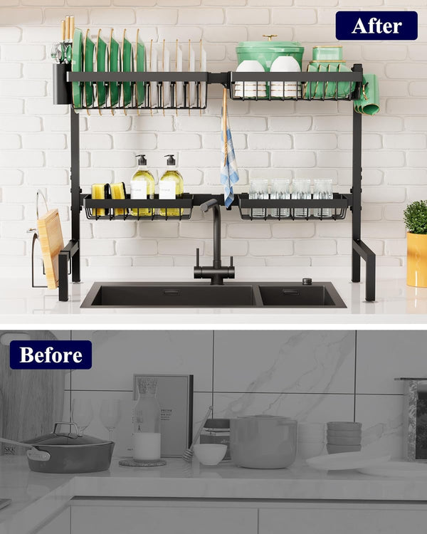 Adjustable over sink dish drying rack with large capacity and multifunctional baskets