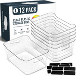 12-pack clear plastic storage bins for organizing and labeling