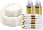 BESTVIP 700PCS Gold Plastic Dinnerware Set for 100 Guests, Disposable Plates for Party, Include: 200 Plastic Plates, 100 Pre Rolled Napkins with Gold Silverware, 100 Cups for Christmas, Halloween
