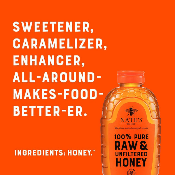 Nate's 100% Pure, Raw & Unfiltered Honey - Award-Winning Taste, 32oz Squeeze Bottle