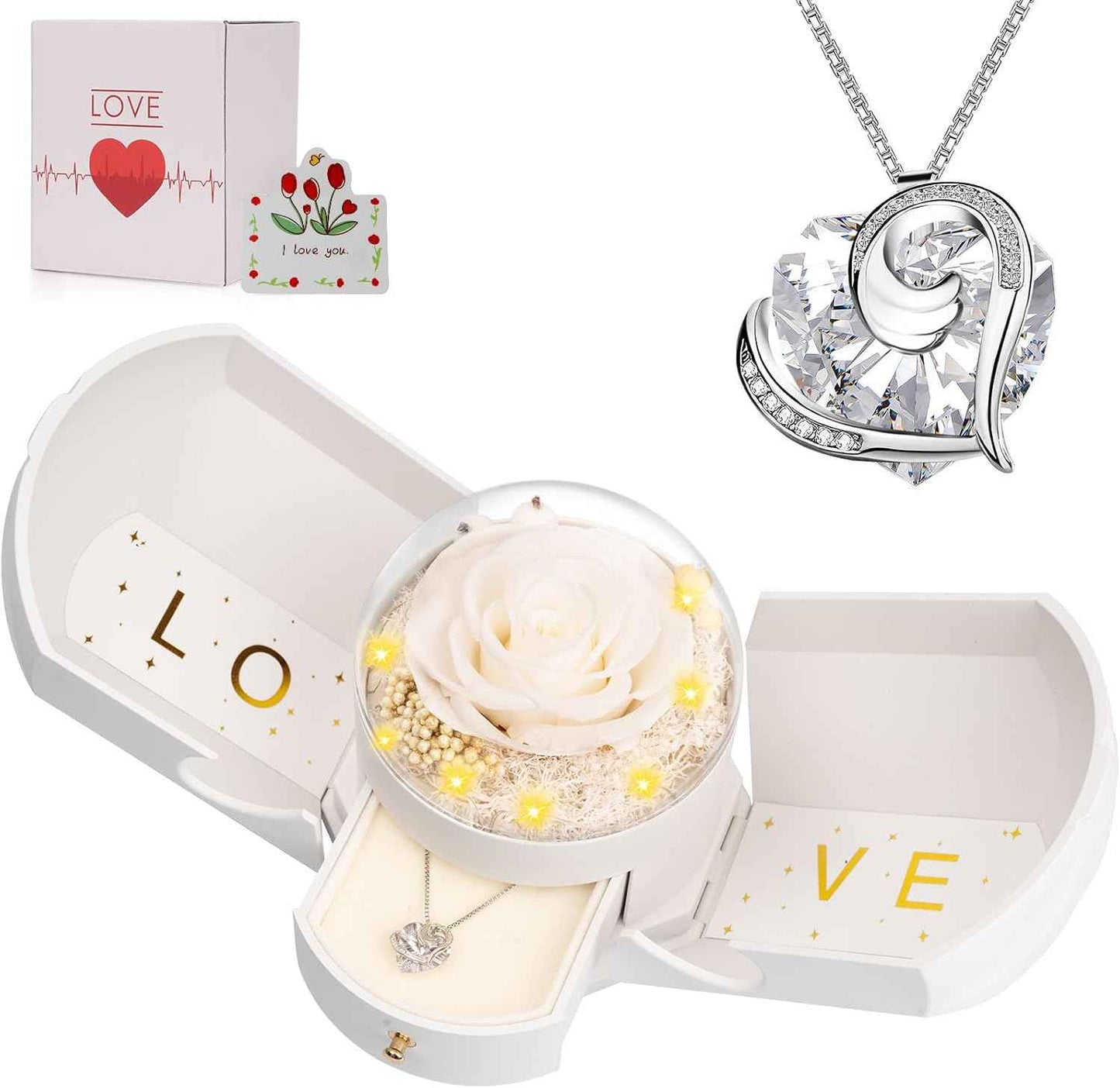 Preserved Real Red Rose with Necklace Forever Flowers Rose Valentines Day Gifts for Her Wife Girlfriend Women Mom Grandma on Valentines Mothers Day Sweetest Day Christmas Anniversary Romantic-Red