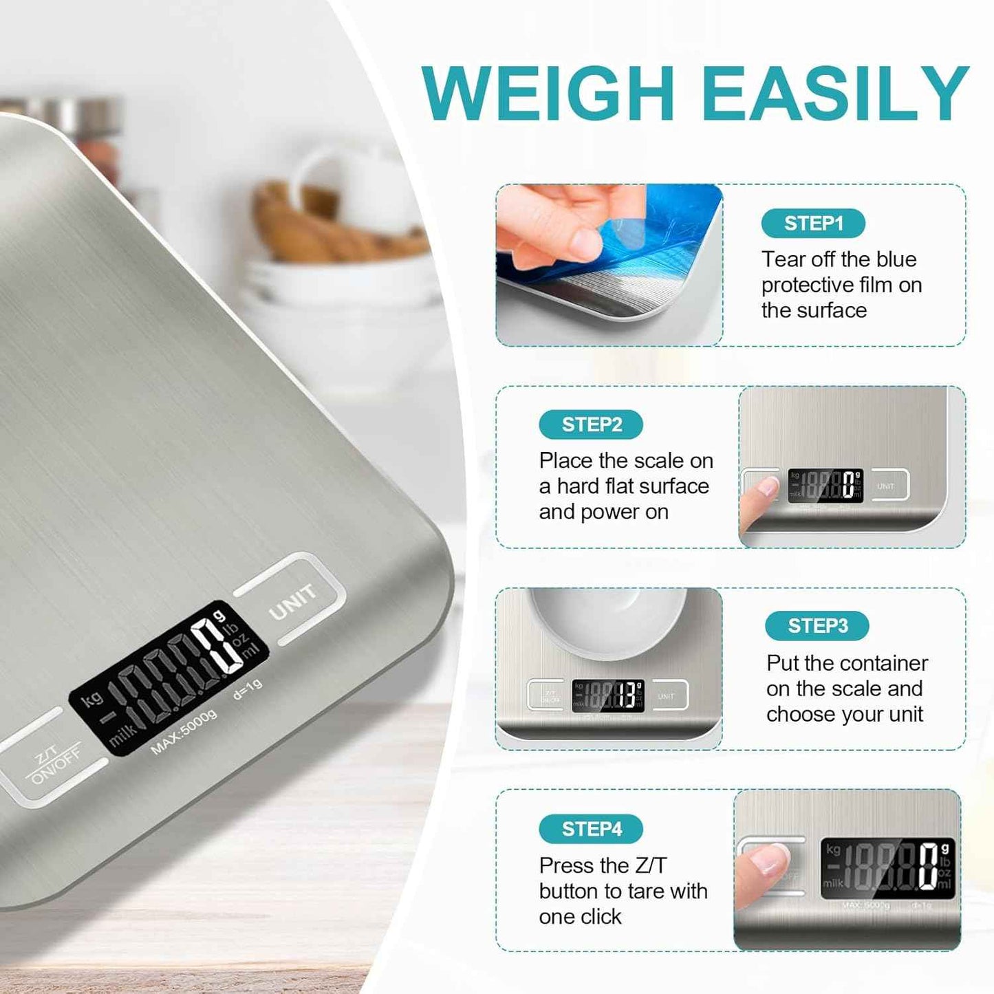 Food Scale, 11lb Kitchen Scale with 6 Units Tare Function & LCD Display, 0.05oz/1g Stainless Steel Digital Food Scale Grams and Ounces for Baking, Cooking, Dieting and Meal Prep (Batteries Included)