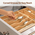 Bamboo kitchen drawer organizer with 7 slots and 6 silicone feet