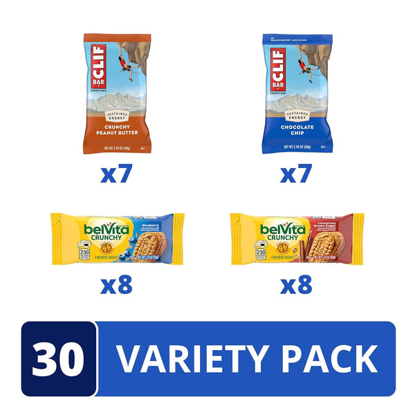 CLIF BAR Energy Bars and belVita Breakfast Biscuits Variety Pack, 30 Count