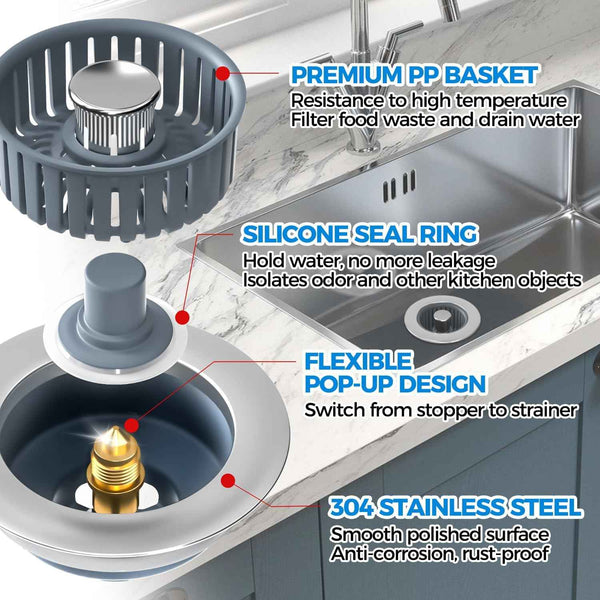 Upgraded 3in1 Kitchen Sink Drain Strainer & Sink Stopper, Stainless Steel Kitchen Drain Plug & Sink Installation Parts with Anti-Clogging Basket, Fit US Standard 3-1/2'' Sink Drain Hole, Silver