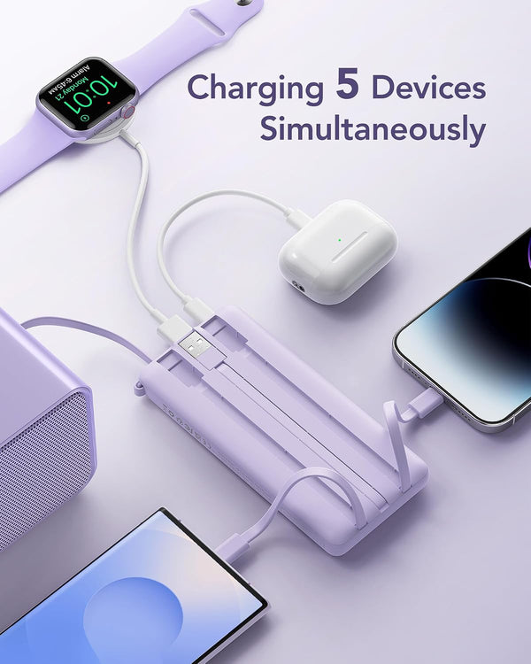 VRURC Portable Charger Power Bank, 10000mAh Travel Essentials Battery Pack, 5 Outputs 2 Inputs Slim Charging Bank Built-in Cables Cords for iPhone 17 16 15 14 13,Samsung,Android-Lavender(1 Pack)